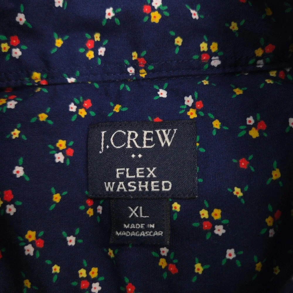 J Crew Flex Washed Shirt Mens XL Navy Floral AOP Stretch Short Sleeve Preppy